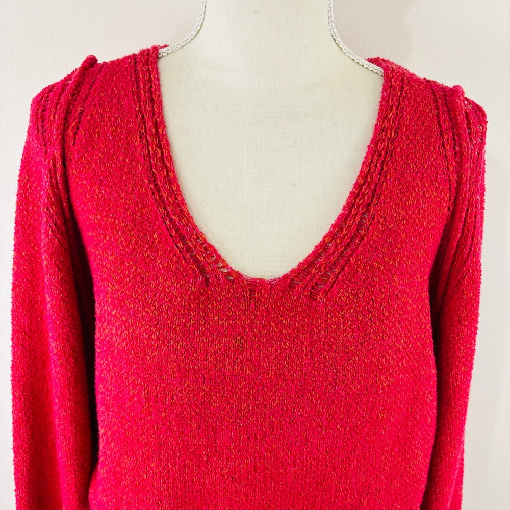 Free People Red V-Neck Balloon Sleeve Pointelle Pullover Sweater Large - Picture 3 of 9